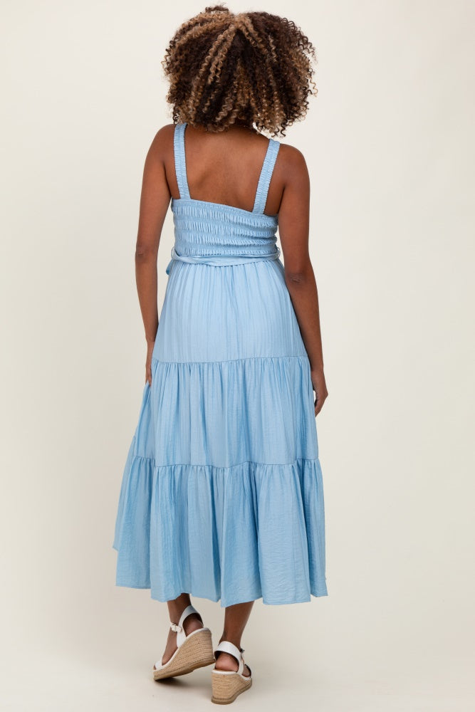 Light Blue Smocked Tiered Maternity Midi Dress