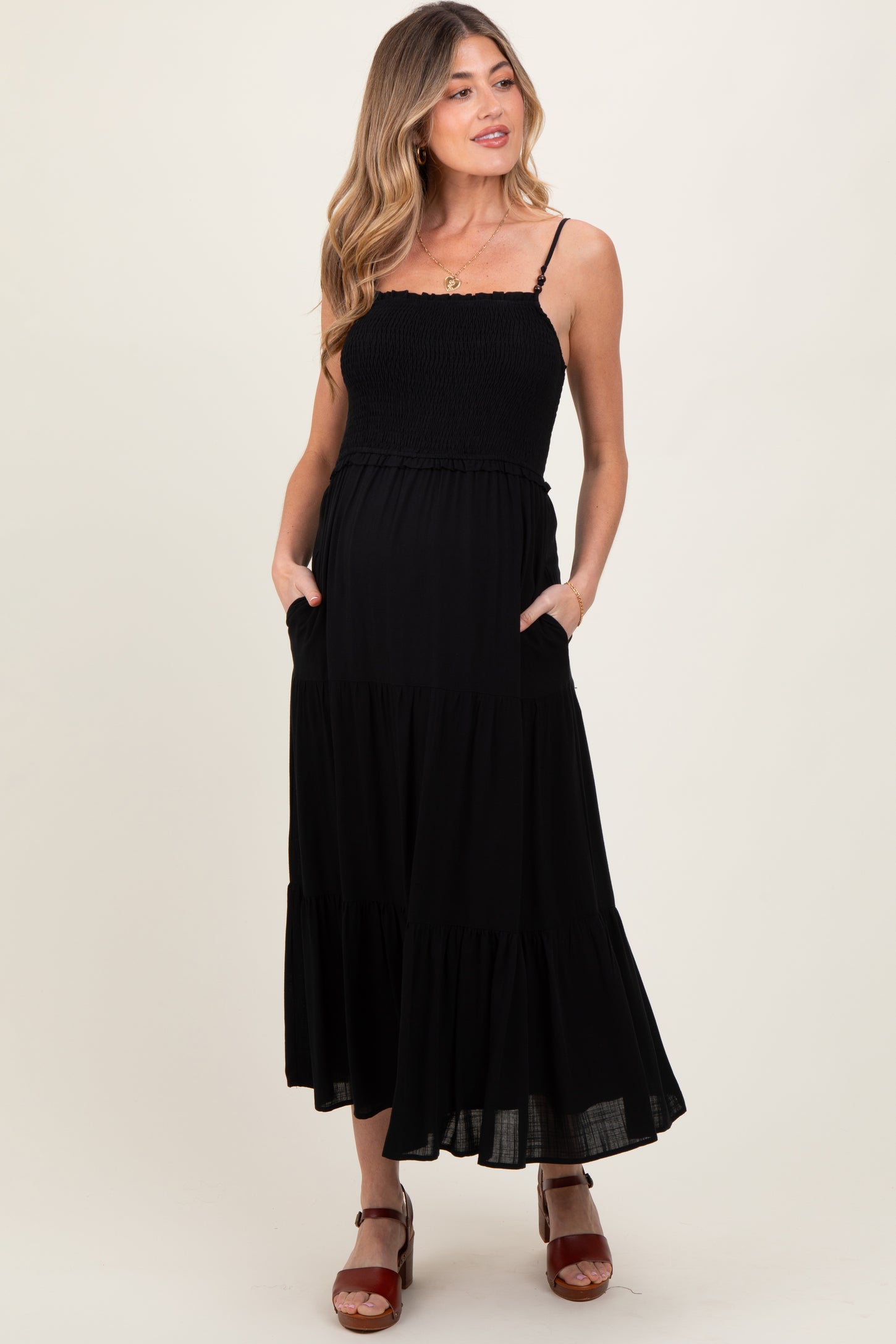 Black Smocked Bead Detail Strap Maternity Midi Dress
