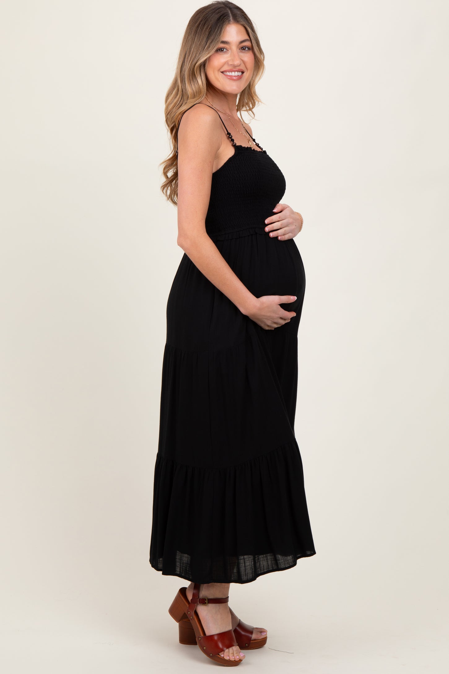 Black Smocked Bead Detail Strap Maternity Midi Dress