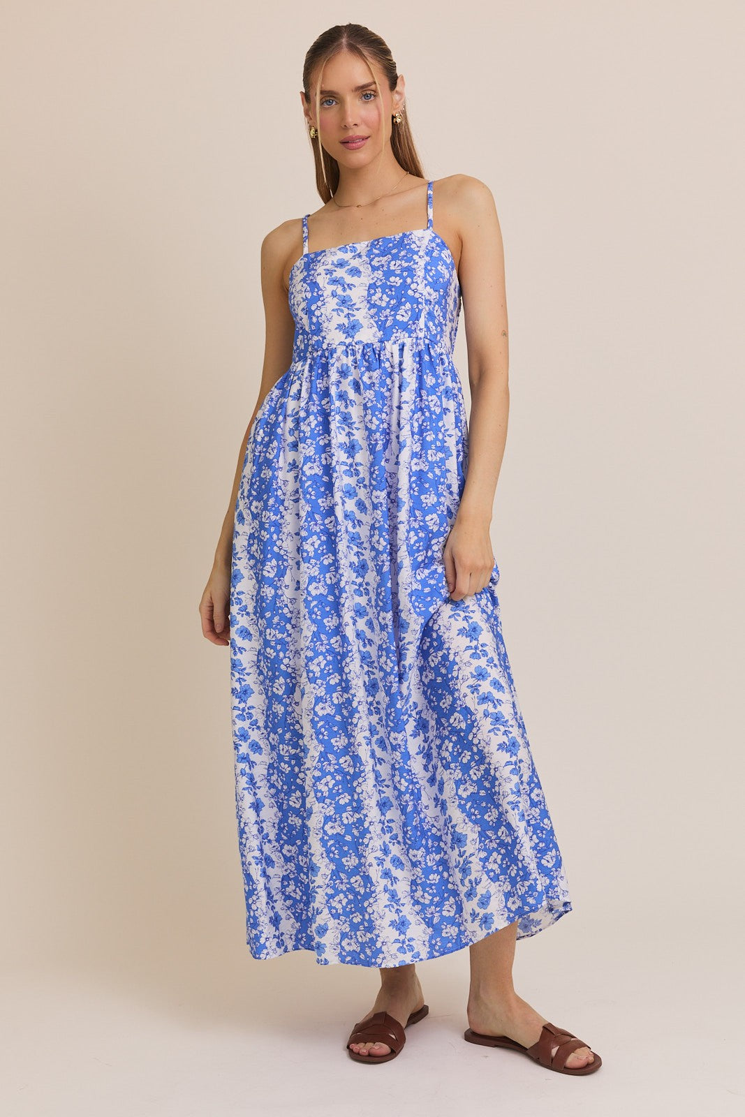 Blue Floral Colorblock Sleeveless Maternity Maxi Dress