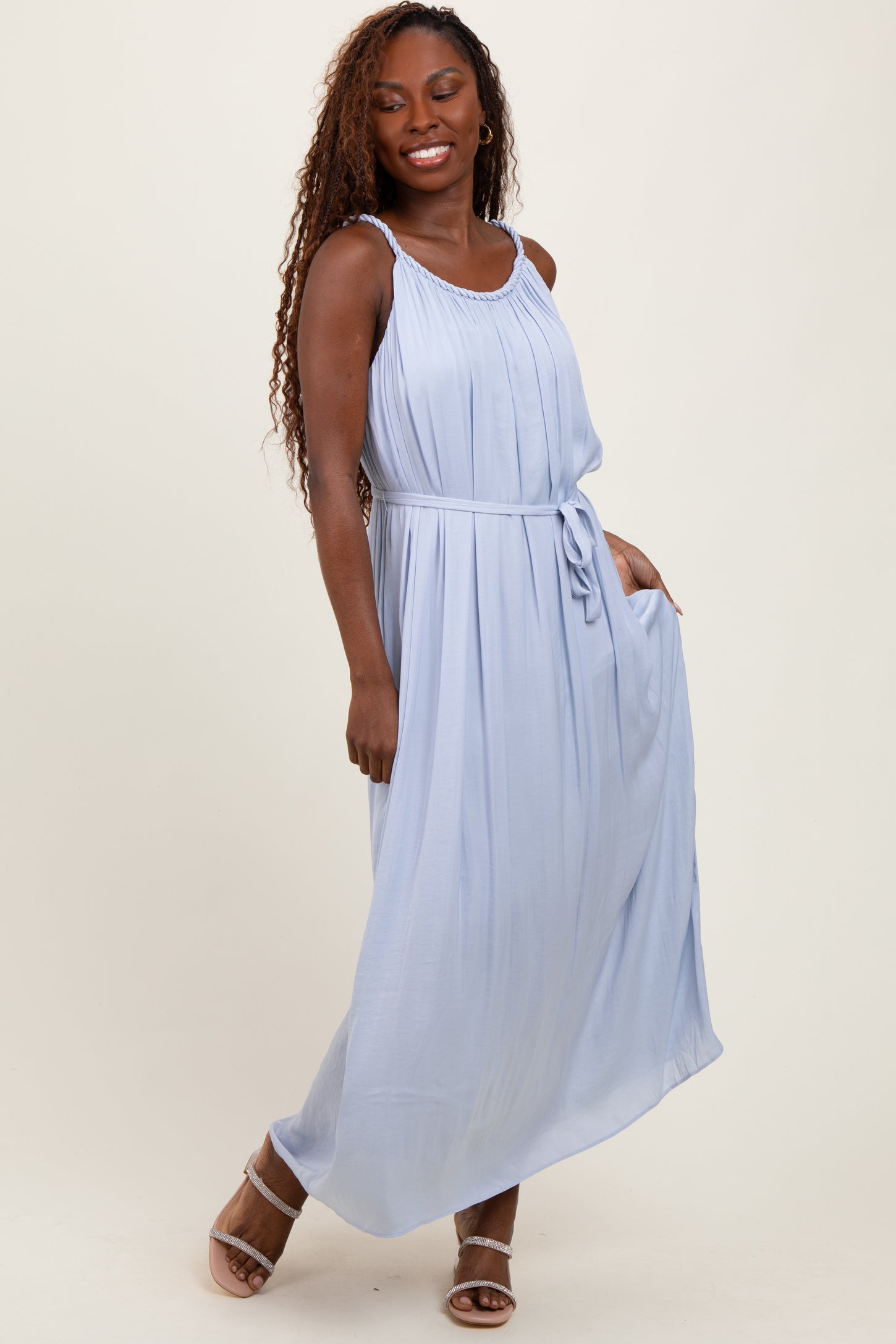Light Blue Braided Neckline Maxi Dress