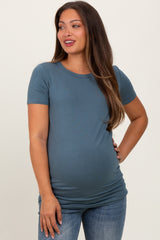Blue Basic Short Sleeve Maternity Top