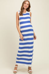 Blue Ribbed Striped Knit Sleeveless Maternity Maxi Dress