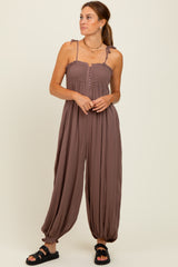 Mocha Smocked Button Front Shoulder Tie Jumpsuit