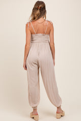 Beige Smocked Button Front Shoulder Tie Maternity Jumpsuit