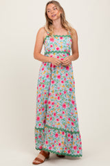 Blue Floral Contrast Wavy Trim Maxi Dress