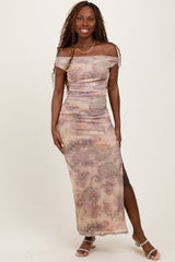 Light Taupe Floral Off Shoulder Ruched Maxi Dress