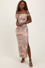 Light Taupe Floral Off Shoulder Ruched Maxi Dress