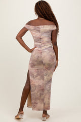 Light Taupe Floral Off Shoulder Ruched Maxi Dress