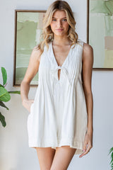 Cream Deep V-Neck Pleated Front Tie Sleeveless Maternity Romper