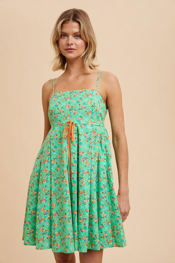 Green Floral Sleeveless Mini Dress