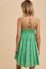 Green Floral Sleeveless Mini Dress
