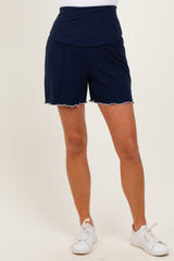 Navy Ribbed Maternity High Waisted Lounge Shorts