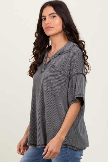 Charcoal Two Tone Ribbed Reverse Stitch Tunic Top