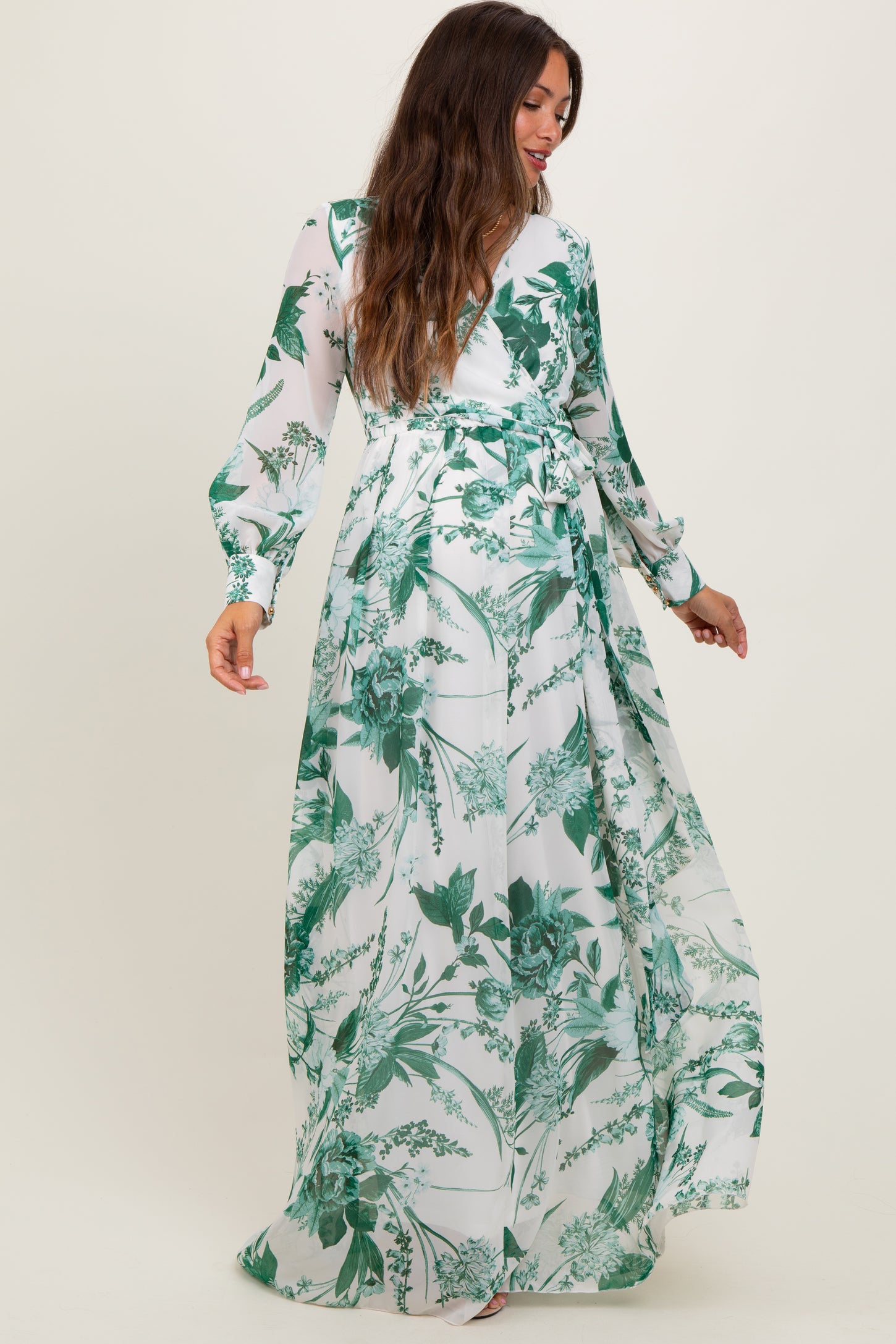 Forest Green Floral Chiffon Long Sleeve Maternity Maxi Dress