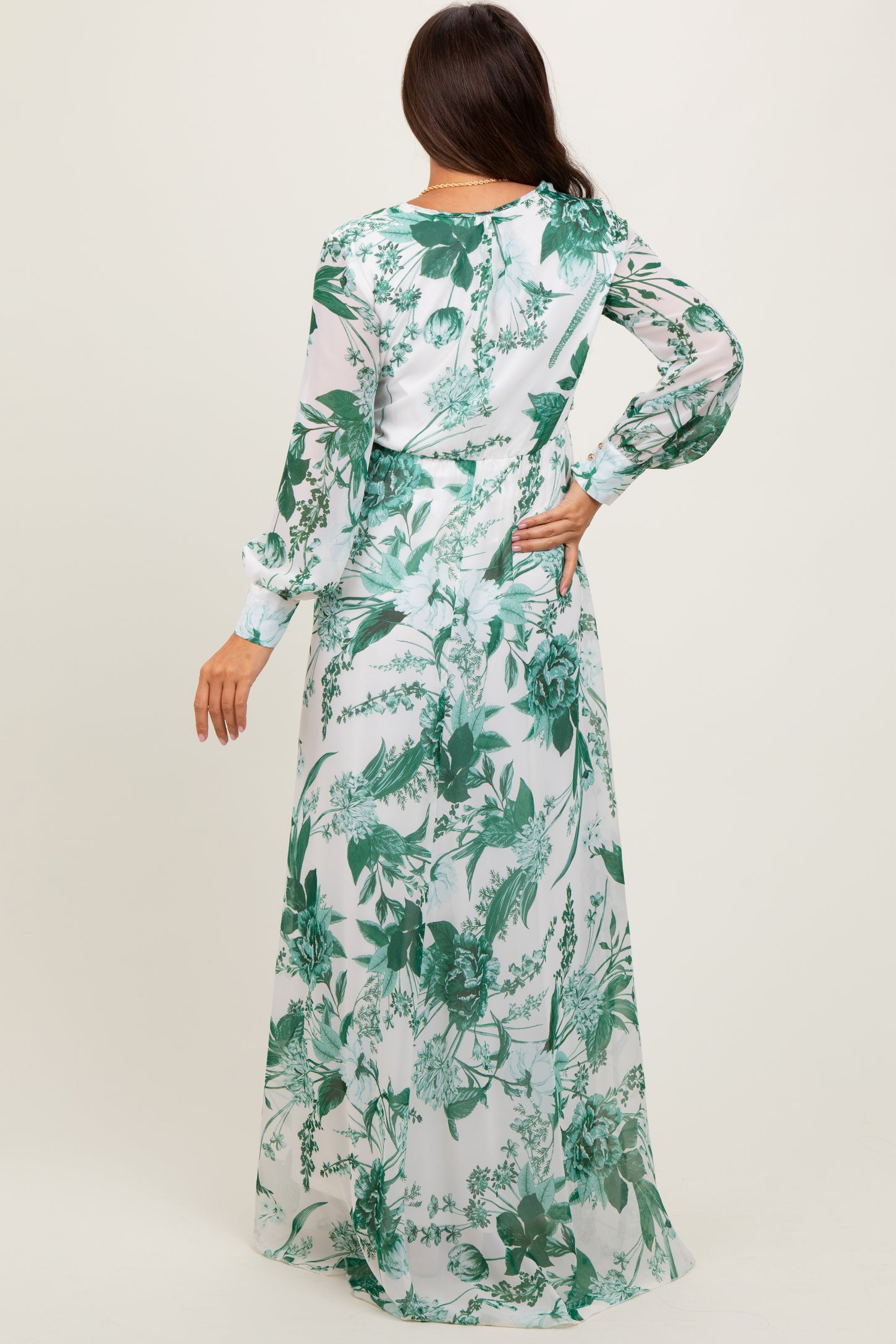 Forest Green Floral Chiffon Long Sleeve Maternity Maxi Dress