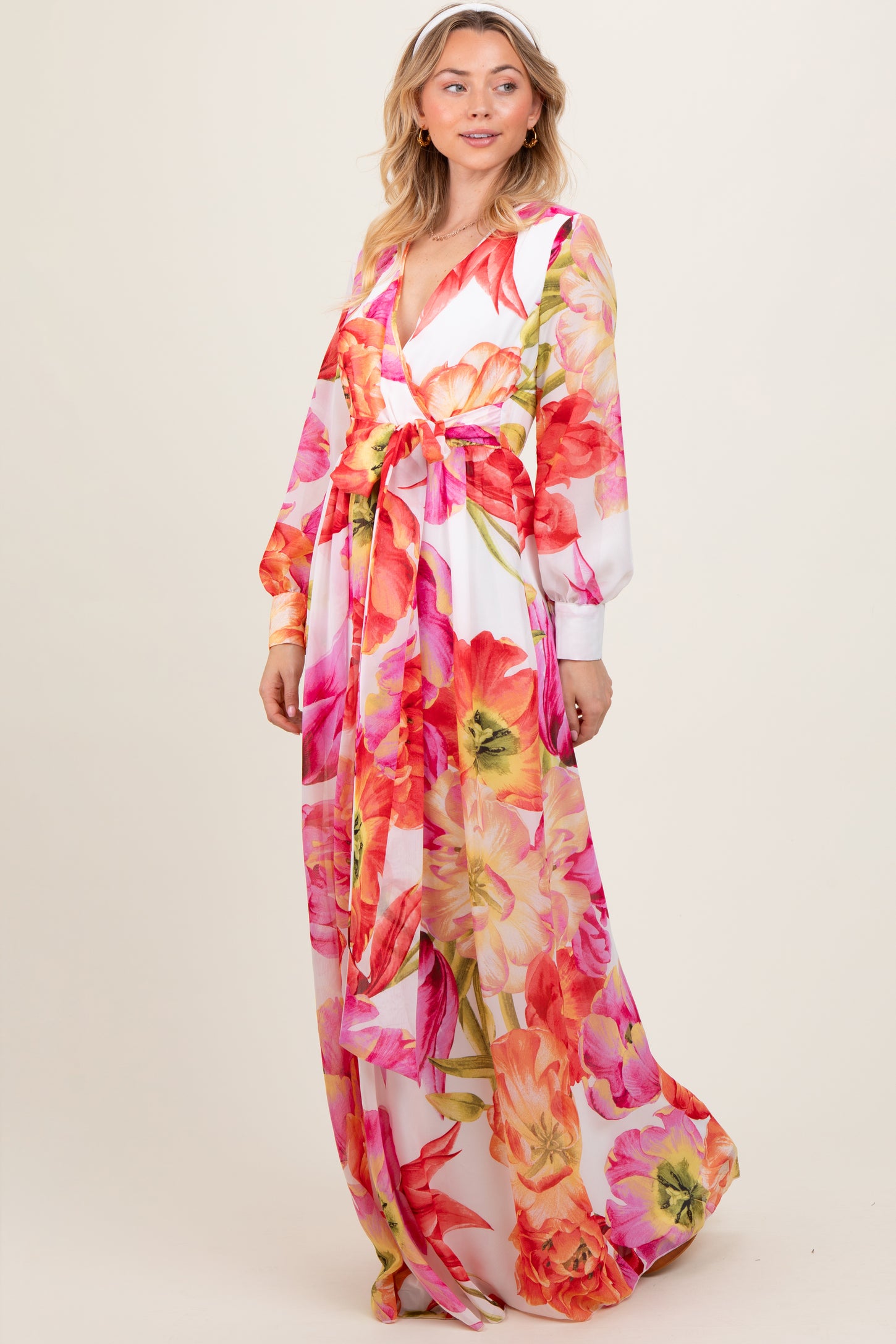 Red  Floral Chiffon Long Sleeve Maxi Dress