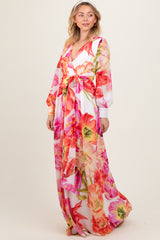 Red  Floral Chiffon Long Sleeve Maxi Dress