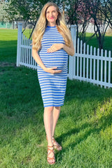 Blue-White Stripe Sleeveless Round Neck Knit Maternity Midi Dress