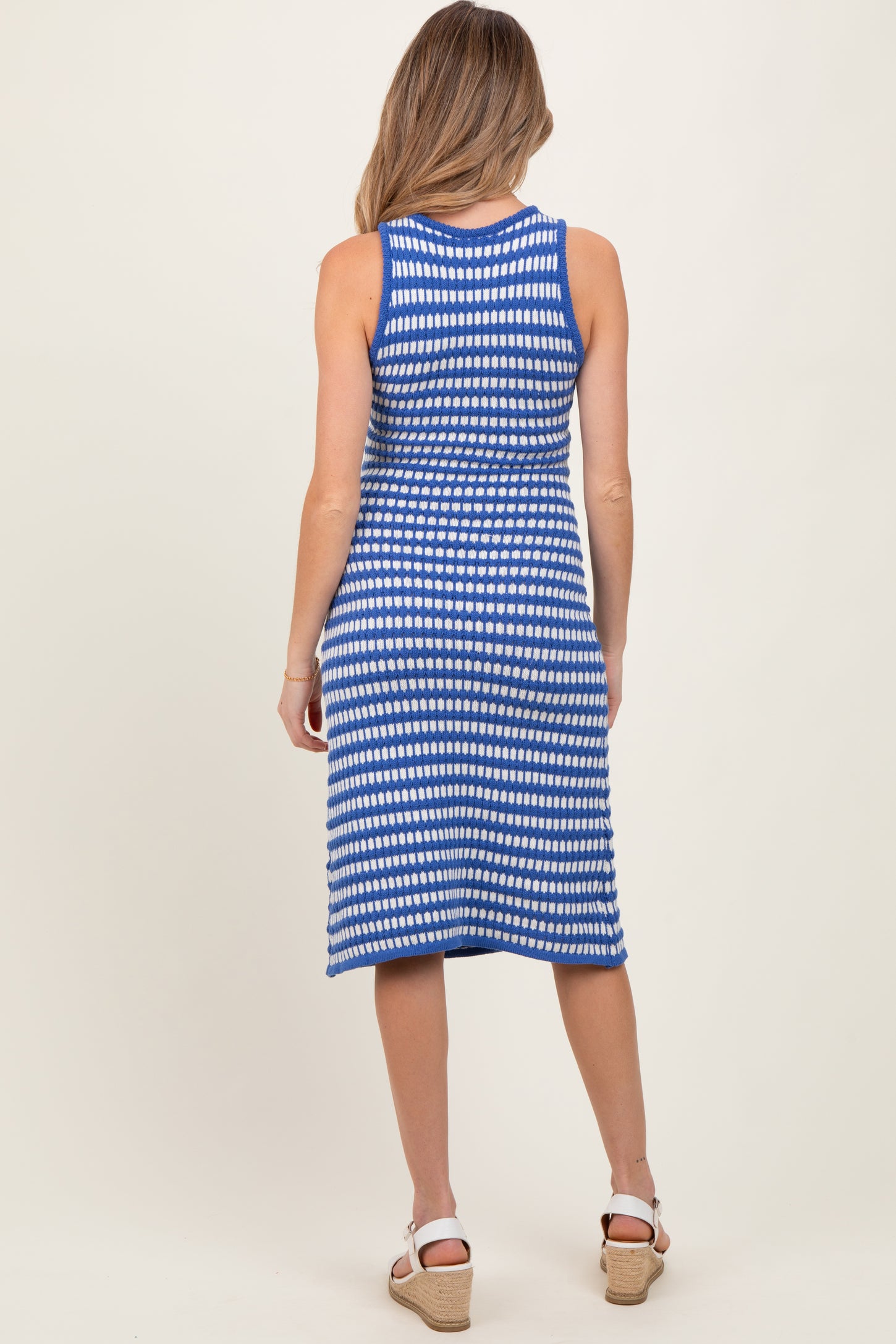 Blue-White Stripe Sleeveless Round Neck Knit Maternity Midi Dress
