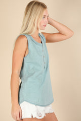 Light Blue Raw Hem Button Detail Sleeveless Top