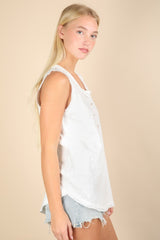 White Raw Hem Button Detail Sleeveless Top