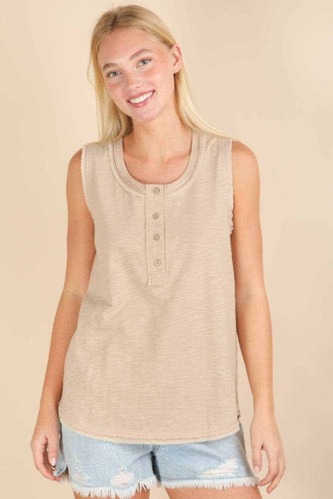 Beige Raw Hem Button Detail Sleeveless Top