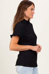Black Solid Puff Knit Mock Neck Top