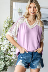 Lavender Floral Lace Inset Short Sleeve Maternity Top
