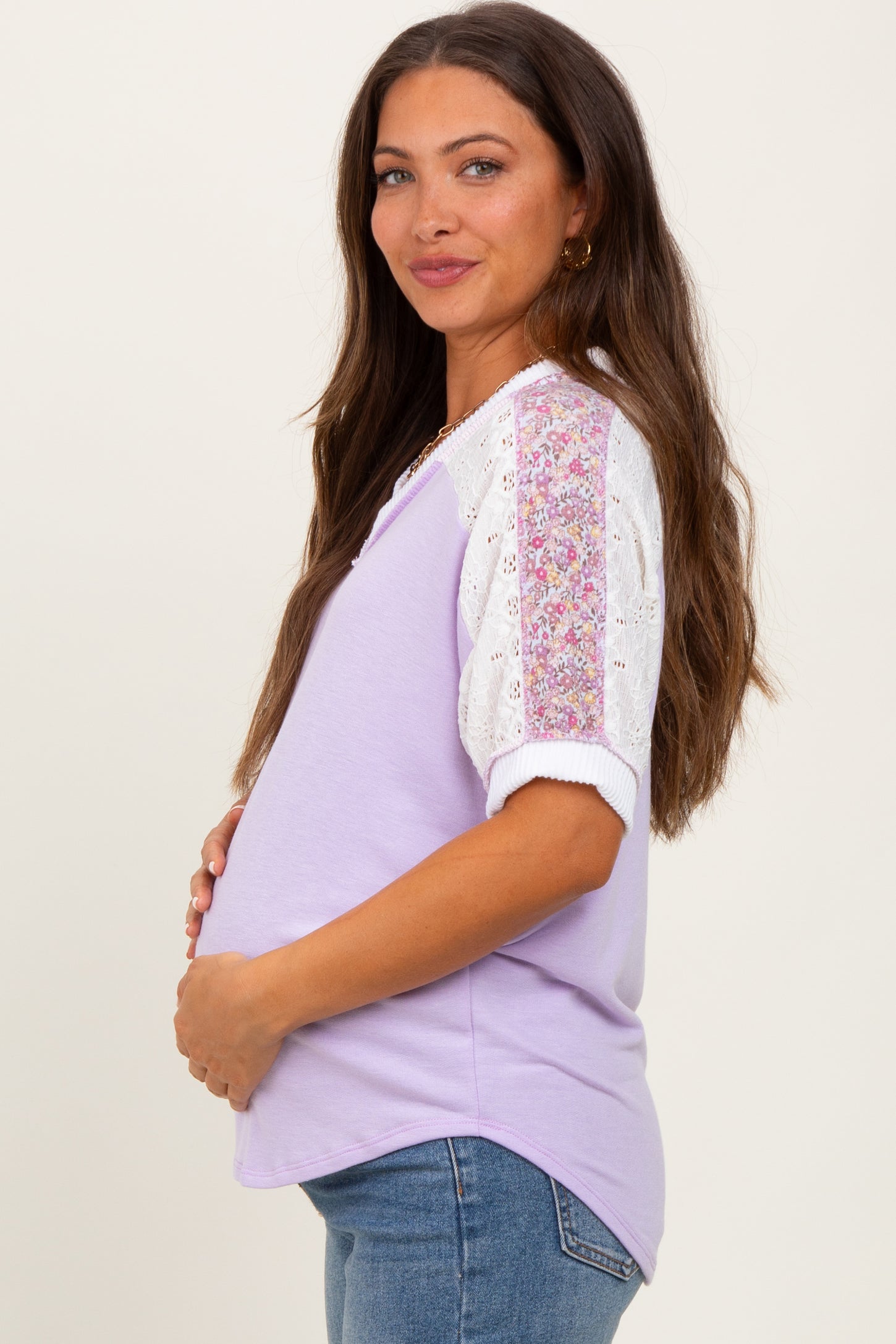 Lavender Floral Lace Inset Short Sleeve Maternity Top