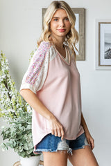Light Pink Floral Lace Inset Short Sleeve Top