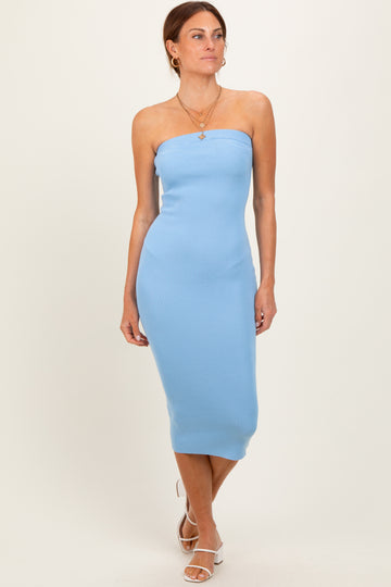 Light Blue Fitted Tube Knit Midi Dress