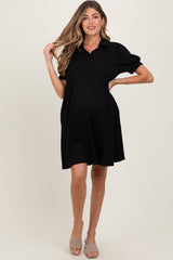 Black Textured Maternity Polo Dress