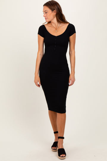 Black Ribbed Wide Neckline Fitted Midi Dress