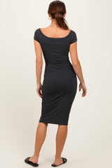 Charcoal Ribbed Wide Neckline Fitted Midi Dress