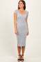 Heather Grey Ribbed Wide Neckline Fitted Midi Dress