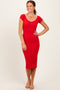 Red Ribbed Wide Neckline Fitted Midi Dress