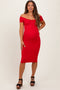 Red Ribbed Wide Neckline Fitted Maternity Midi Dress