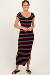Black Striped Wide Neckline Side Slit Maxi Dress