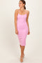 Light Pink Button Detail Thin Strap Fitted Midi Dress