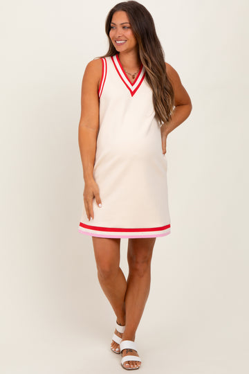 Cream Sleeveless Border Detail V-Neck Maternity Mini Dress