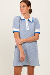 Blue Diamond Print Crochet Trim Polo Dress
