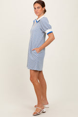 Blue Diamond Print Crochet Trim Polo Dress