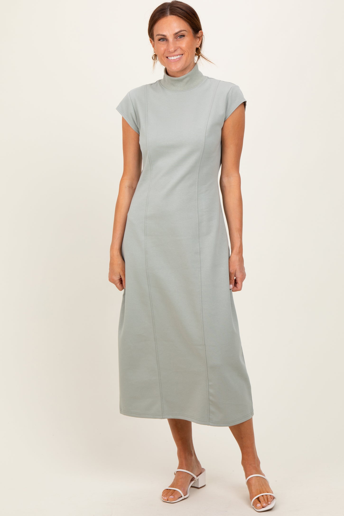 Light Olive Mock Neck Short Sleeve Maternity Midi Dress