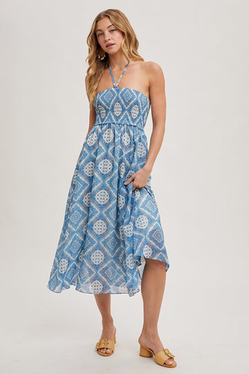 Blue Printed Smocked Halter Midi Dress
