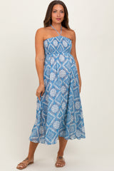 Blue Printed Smocked Halter Maternity Midi Dress