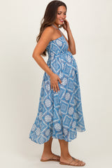 Blue Printed Smocked Halter Maternity Midi Dress
