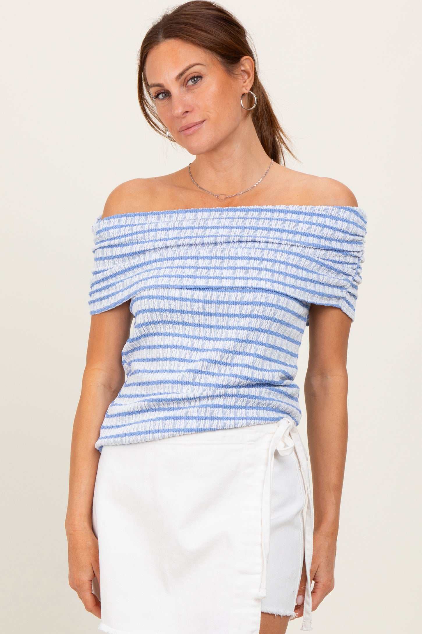 Blue Off The Shoulder Striped Maternity Top