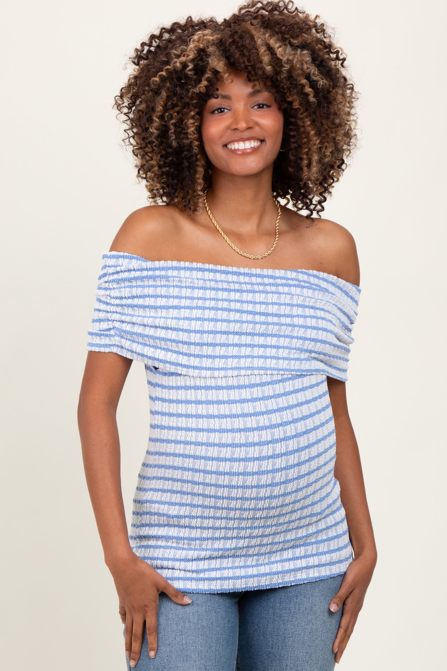 Blue Off The Shoulder Striped Maternity Top