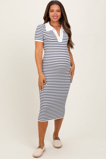 Ivory Striped Knit Collared Maternity Midi Dress